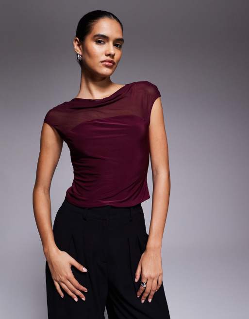 ASOS DESIGN - Top color mora sinuoso in misto rete con scollo a barchetta