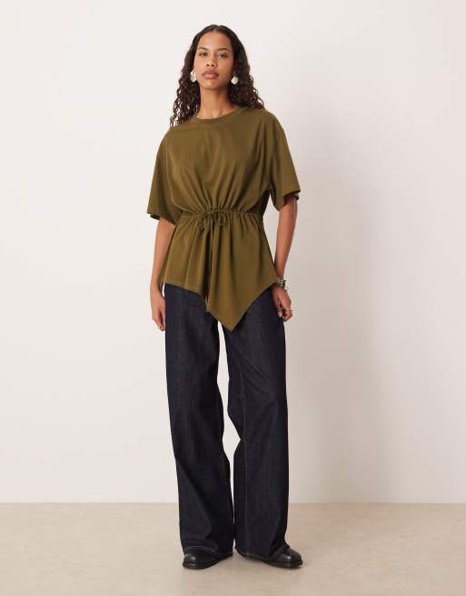 ASOS DESIGN - Top color oliva con bordo asimmetrico e coulisse in vita, 2 di 4
