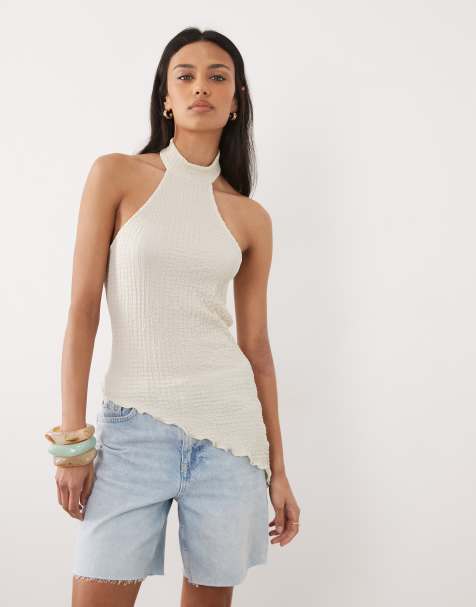 ASOS DESIGN - Top color panna allacciato al collo con fondo asimmetrico in coordinato - view 1