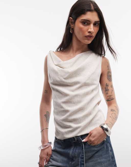 ASOS DESIGN - Top color piedra con hombro retorcido de mezcla de lino