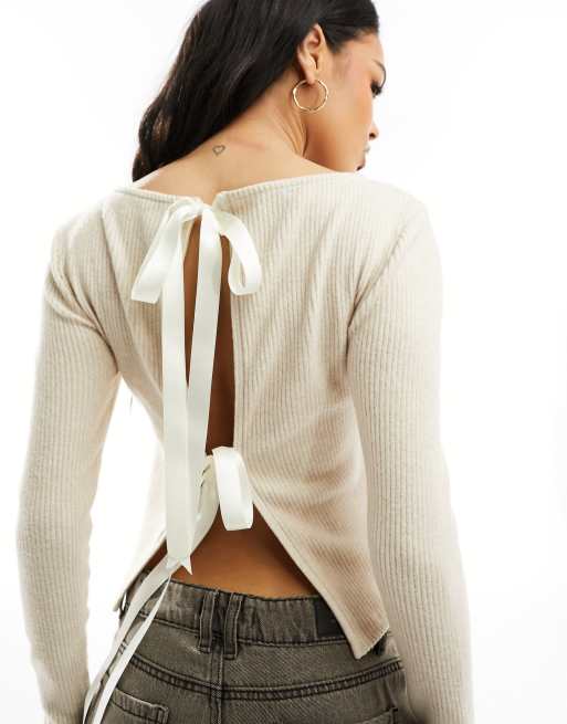 ASOS DESIGN - Top color pietra con fiocchi in raso sul retro