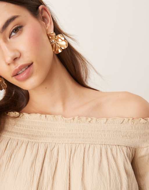 ASOS DESIGN - Top color pietra stropicciato con spalle scoperte e maniche a palloncino, 3 di 4