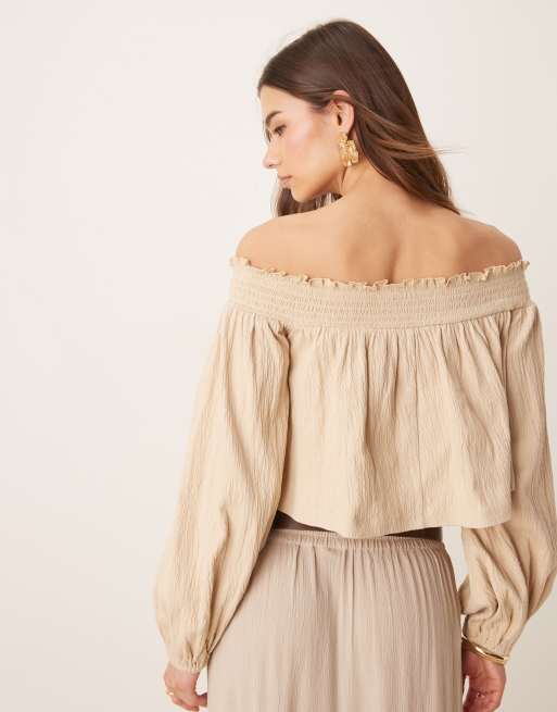 ASOS DESIGN - Top color pietra stropicciato con spalle scoperte e maniche a palloncino, 4 di 4