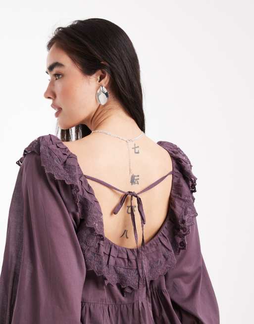 ASOS DESIGN - Top color prugna in misto pizzo e sangallo con scollo squadrato, 4 di 4