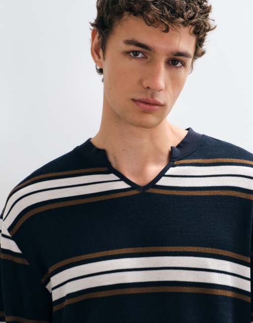 ASOS DESIGN top comodo a maniche lunghe a righe con scollo con intaglio in tessuto waffle blu navy, 5 di 5