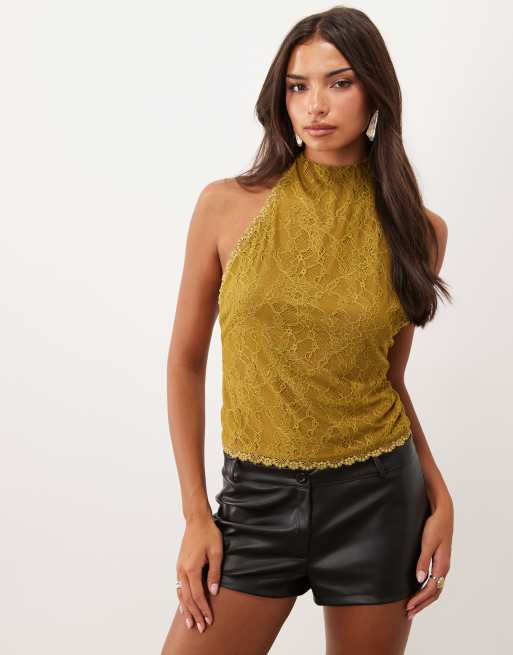 ASOS DESIGN top con allacciatura al collo in pizzo color oliva, 2 di 4