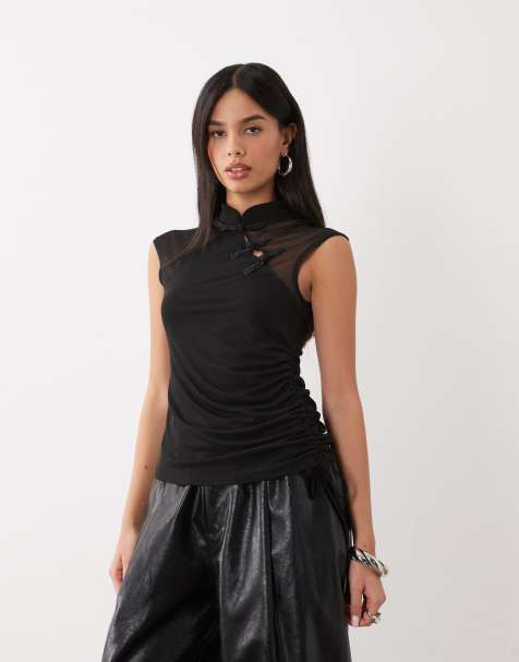 ASOS DESIGN top con arricciatura laterale e colletto alla coreana nero - view 1