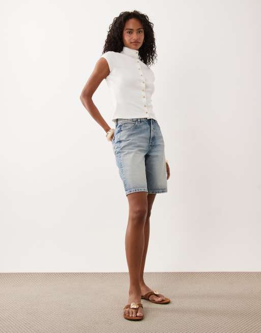 ASOS DESIGN - Top con collo a imbuto in interlock crema con bottoni sul davanti, 2 di 4