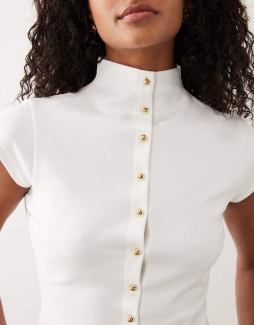 ASOS DESIGN - Top con collo a imbuto in interlock crema con bottoni sul davanti, 4 di 4
