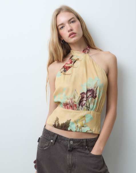 ASOS DESIGN top con collo alla coreana incrociato in raso con stampa floreale - view 1