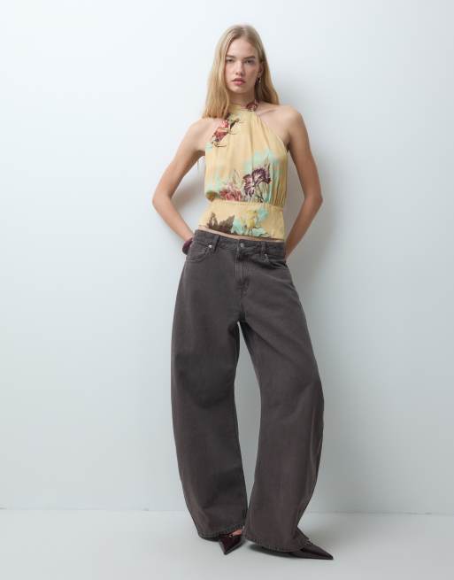 ASOS DESIGN top con collo alla coreana incrociato in raso con stampa floreale, 3 di 4