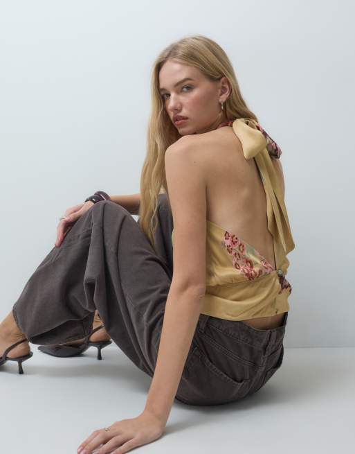 ASOS DESIGN top con collo alla coreana incrociato in raso con stampa floreale, 4 di 4