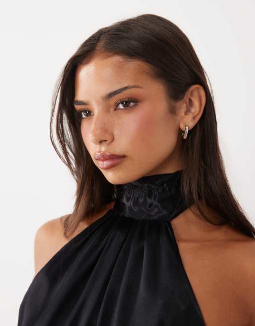 ASOS DESIGN top con collo alto e schiena nuda con sciarpa nero, 3 di 4