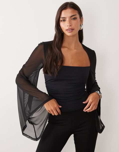 ASOS DESIGN - Top con cuello cuadrado y mangas de malla en negro - view 1
