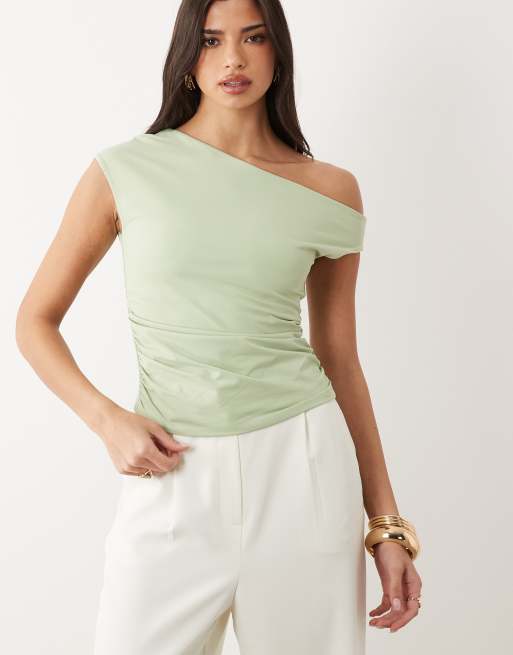 ASOS DESIGN - Top con dettaglio arricciato e spalla scoperta salvia