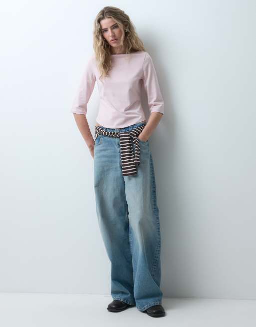 ASOS DESIGN top con escote asimétrico, bajo redondeado y manga 3/4 en rosa, 3 de 5