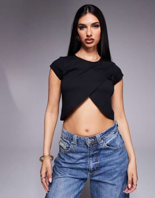 ASOS DESIGN - Top con incrocio a portafoglio nero in tessuto ponte