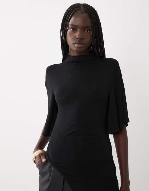 ASOS DESIGN top con maniche a pipistrello corte, collo integrato e spacchi laterali nero, 2 di 4