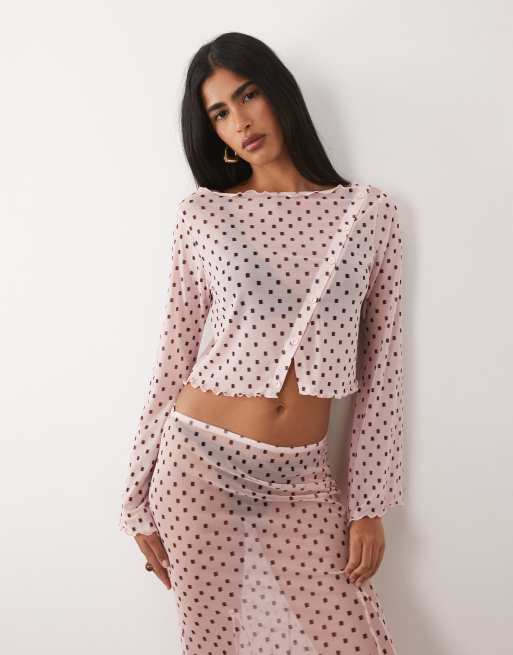 ASOS DESIGN - Top con maniche a pipistrello in rete con stampa geometrica e bottoni in coordinato, 3 di 4