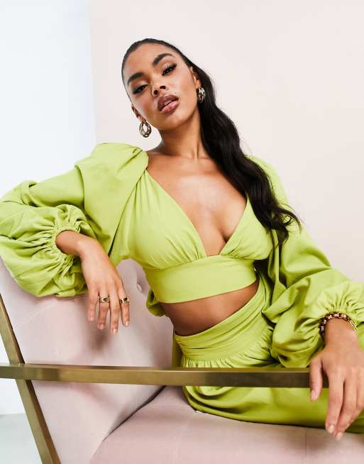 ASOS DESIGN - Top con maniche a sbuffo in effetto lino color lime in coordinato