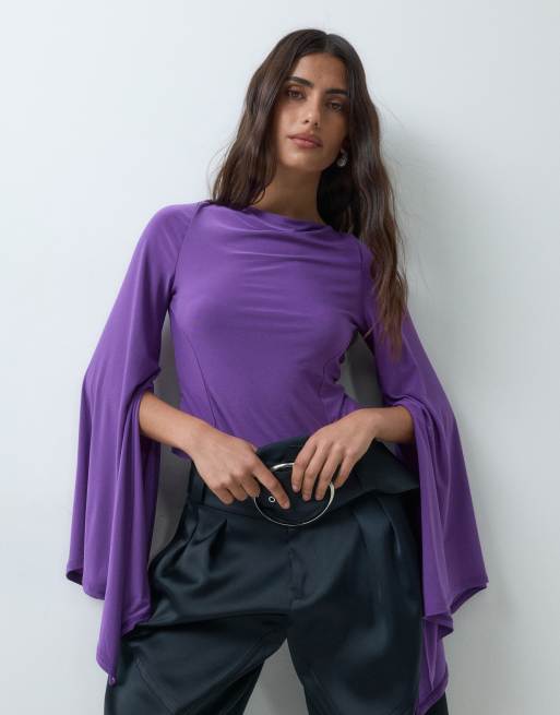 ASOS DESIGN top con maniche drappeggiate e schiena scoperta viola, 2 di 5