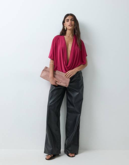 ASOS DESIGN top con maniche drappeggiate e scollo profondo con sciarpa in rosa acceso, 3 di 5