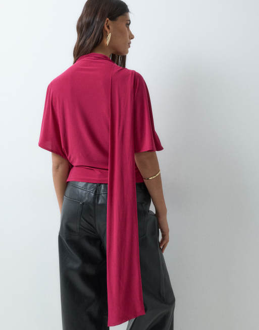 ASOS DESIGN top con maniche drappeggiate e scollo profondo con sciarpa in rosa acceso, 4 di 5