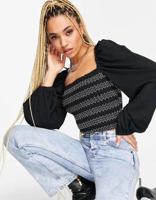 ASOS DESIGN - Top con maniche lunghe voluminose e arricciatura a contrasto, colore nero