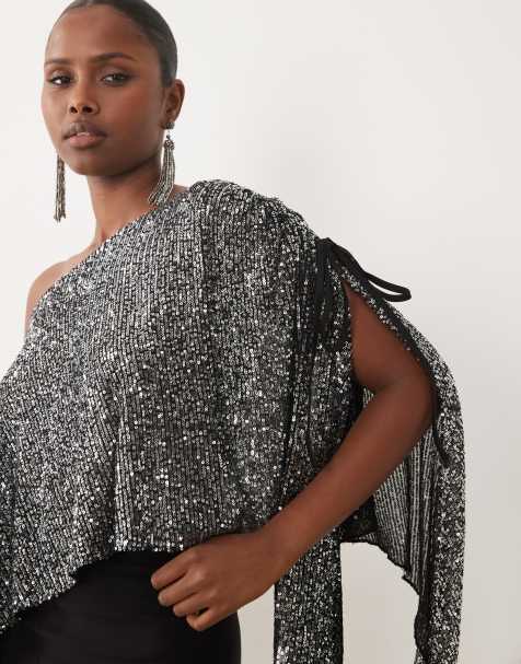 ASOS DESIGN top con paillettes asimmetrico monospalla con maniche a mantella argento - view 1