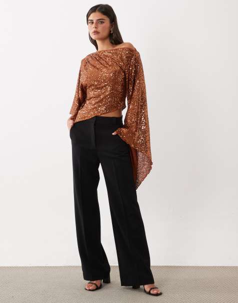 ASOS DESIGN top con paillettes, manica asimmetrica drappeggiata, color ruggine - view 1