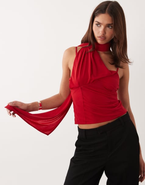 ASOS DESIGN - Top con sciarpa avvolgente in chiffon elasticizzato rosso - view 1