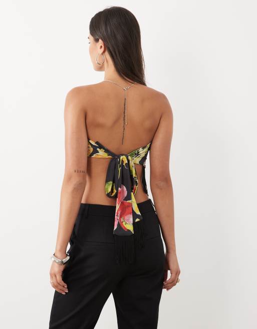 ASOS DESIGN top con sciarpa con frange nero floreale, 4 di 4