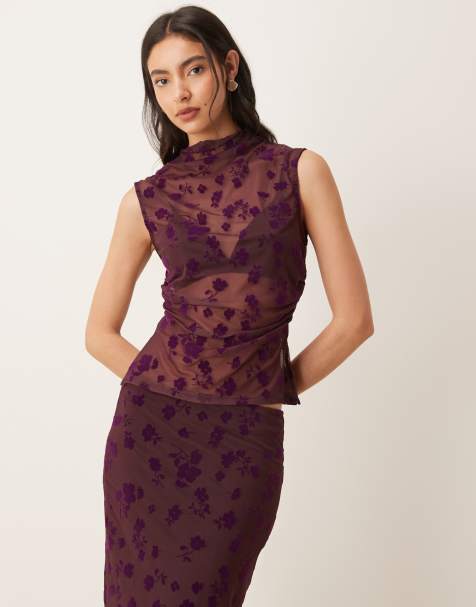 ASOS DESIGN - Top con scollo a fiori floccato e arricciatura laterale color fico - view 1