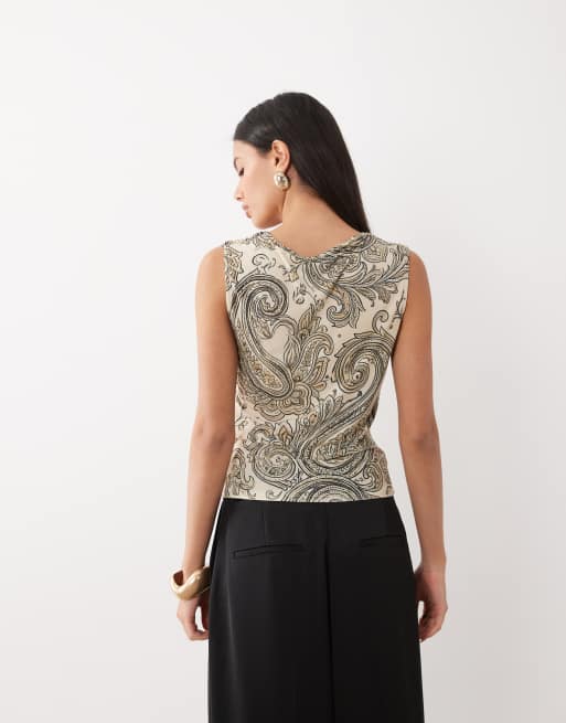 ASOS DESIGN top con scollo ad anello con stampa beige, 4 di 4