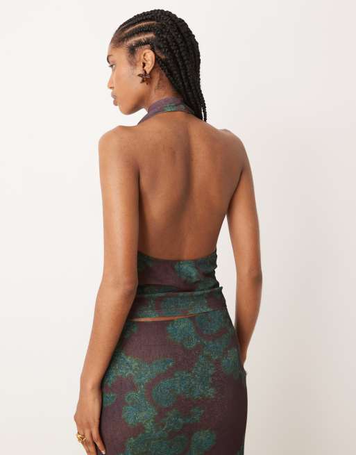 ASOS DESIGN - Top con scollo ad anello in rete garzata marron con stampa in coordinato, 2 di 4