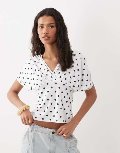 ASOS DESIGN - Top con scollo profondo e vita stretta color pietra a pois - view 1