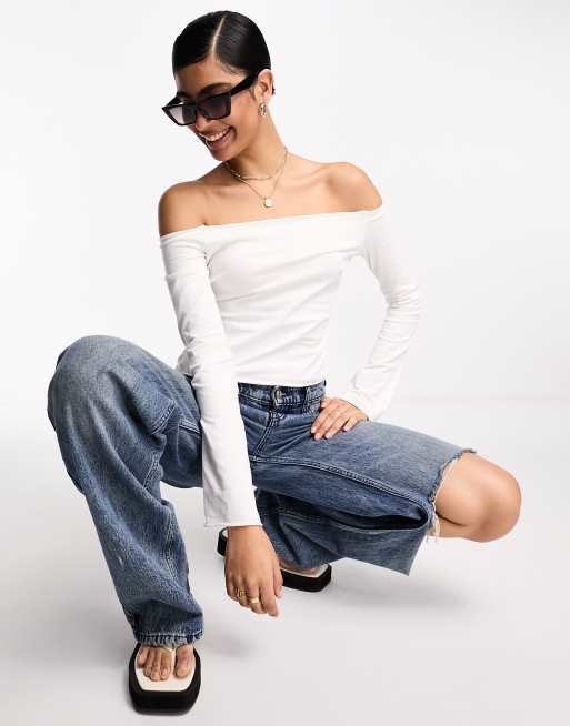 ASOS DESIGN - Top in maglia trasparente color crema con spalle scoperte