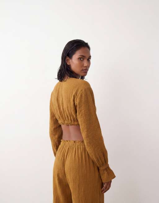 ASOS DESIGN - Top con spalle scoperte in mussola verde oliva in coordinato, 3 di 4