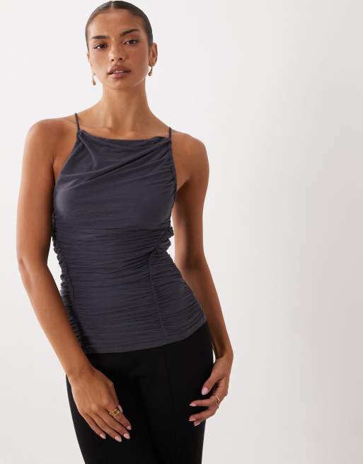 ASOS DESIGN top con spalline e dettaglio arricciato in rete grigio