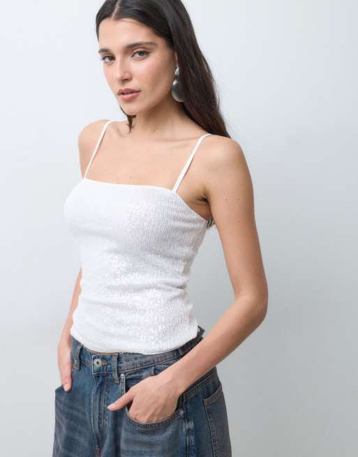 ASOS DESIGN top con spalline sottili con paillettes bianco inverno, 2 di 5