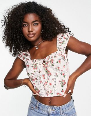 ASOS DESIGN button front top with lace insert detail and ruched capped sleeve in floral print - ASOS Price Checker