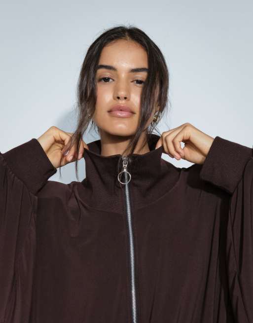 ASOS DESIGN top con zip in coordinato con drappeggio voluminoso marrone, 5 di 9