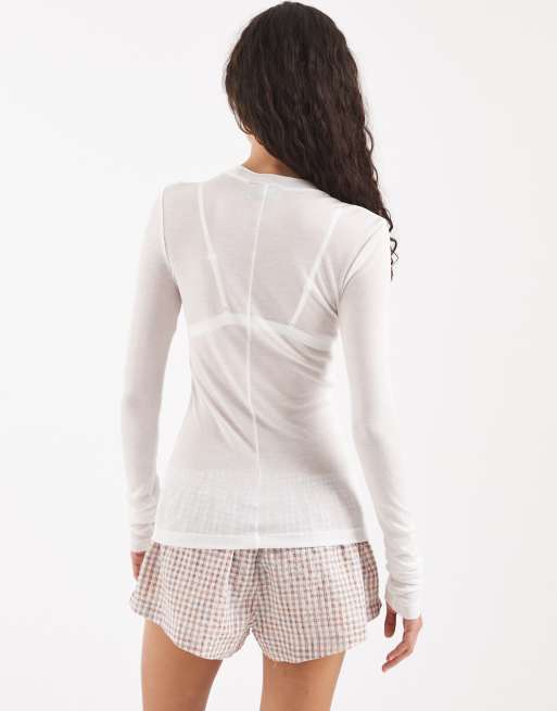 ASOS DESIGN - Top confort en tissu semi-transparent à manches longues - Crème, 3 de 4