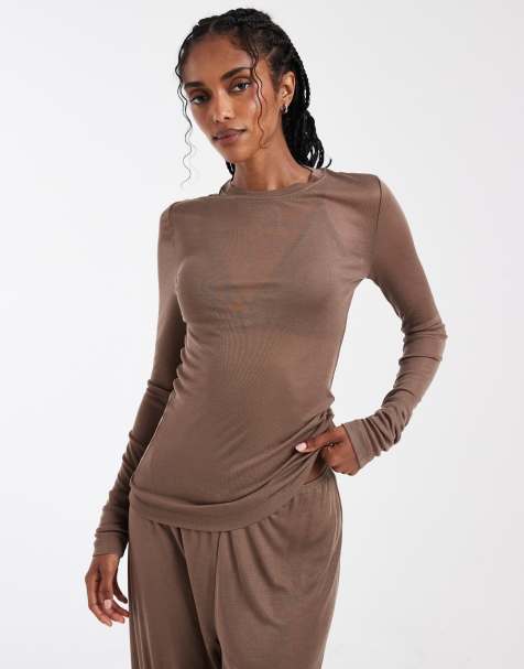 ASOS DESIGN - Top confort en tissu semi-transparent à manches longues - Marron - view 1