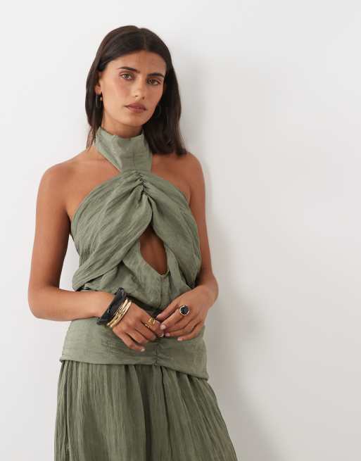 ASOS DESIGN top coordinato con dettaglio foulard stropicciato in khaki