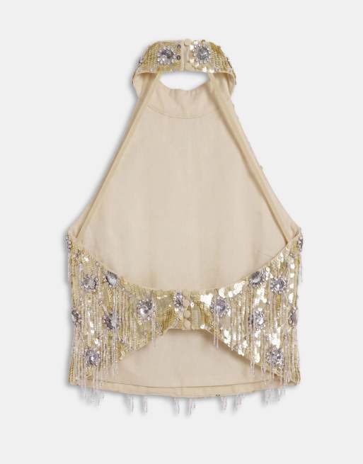 ASOS DESIGN top coordinato con frange e paillettes, allacciato al collo, dorato, 6 di 8