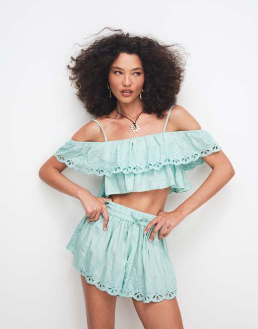 ASOS DESIGN top coordinato con spalle scoperte e dettaglio volant in turchese, 1 di 7