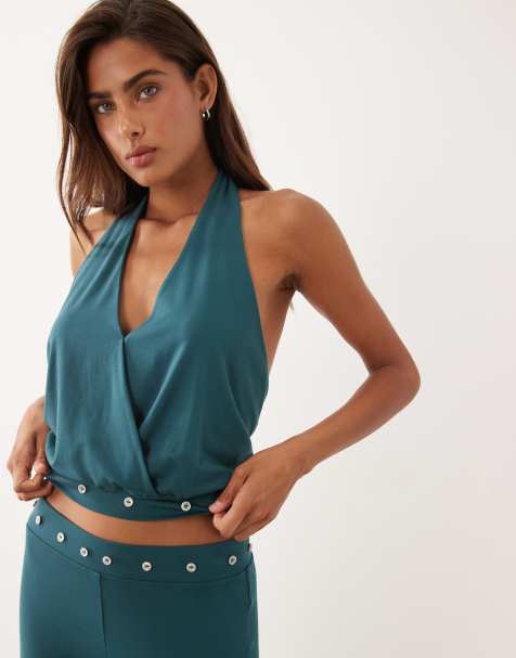 ASOS DESIGN top coordinato in modal con scollo a V incrociato, fondo aderente e borchie, verde petrolio - view 1