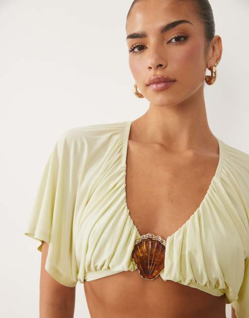 ASOS DESIGN - Coordinato con top e gonna lunga aderente color crema con finitura a conchiglia, 2 di 3