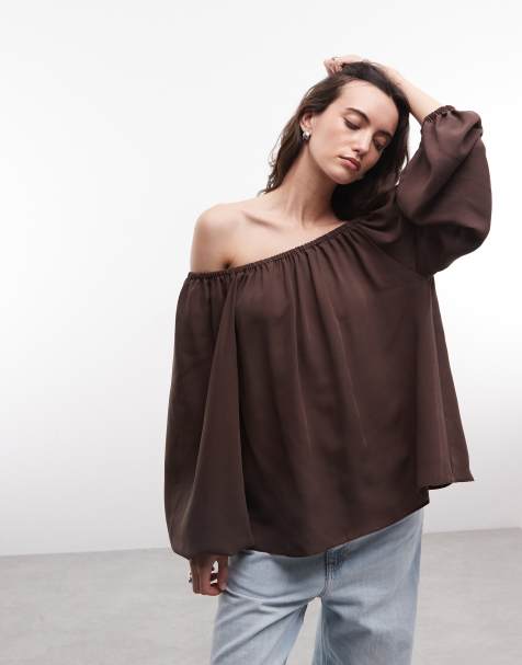 ASOS DESIGN top coordonné à épaules dénudées et manches longues marron - view 1